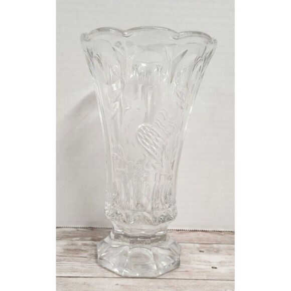 Crystal Bud Vase 7" Tall Flower Bird Etching Floral Footed Heavy - Picture 1 of 8